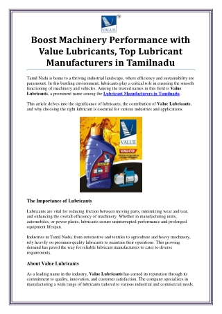 Lubricant Manufacturers in Tamilnadu