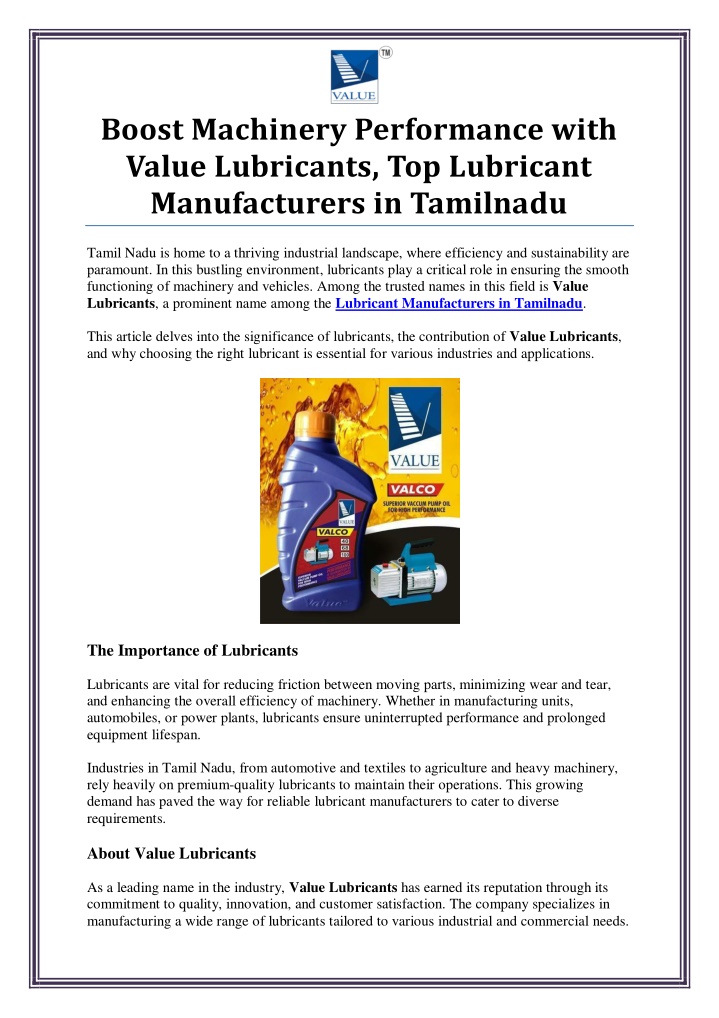 boost machinery performance with value lubricants