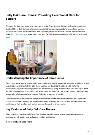 Selly Oak Care Homes Providing Exceptional Care for Seniors