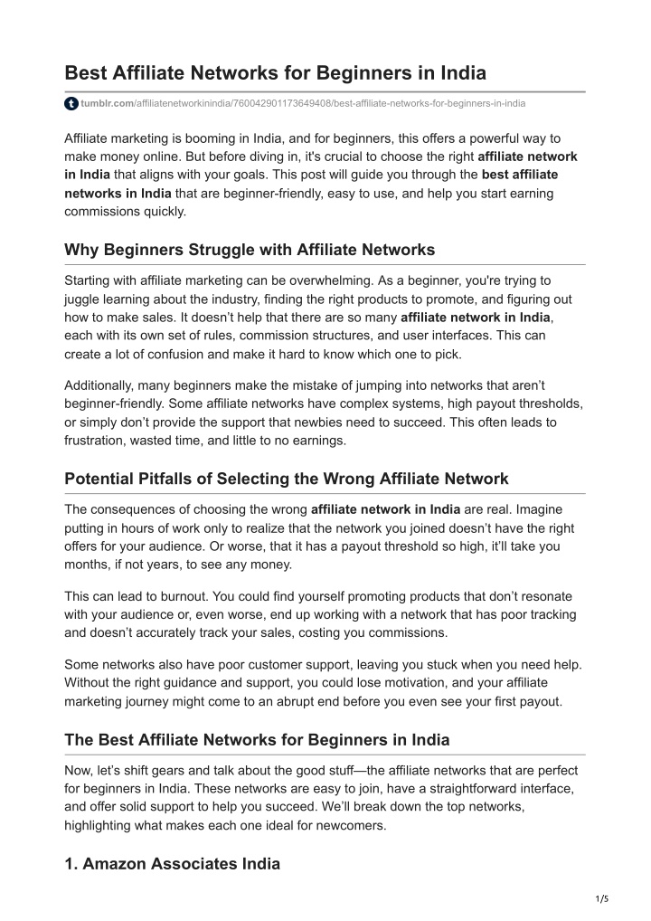 best affiliate networks for beginners in india