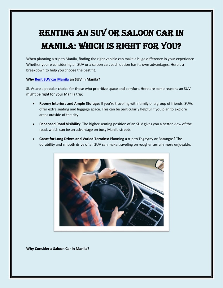 PPT - Renting an SUV or Saloon Car in Manila Which is Right for You ...