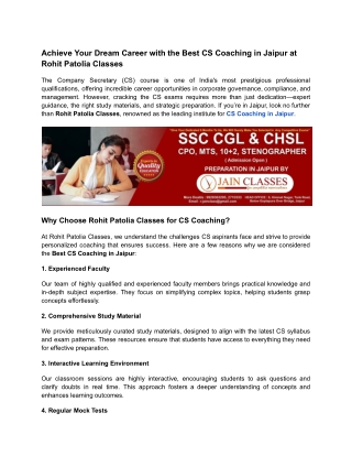 Best CS Coaching in Jaipur at Rohit Patolia Classes