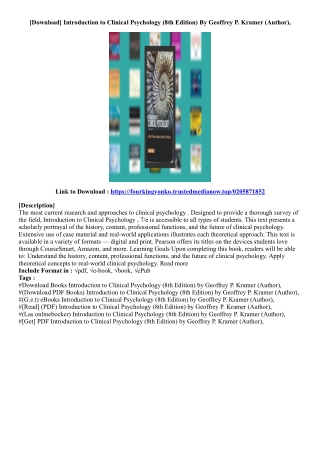 (View Book) Introduction to Clinical Psychology (8th Edition) By Geoffrey P. Kra