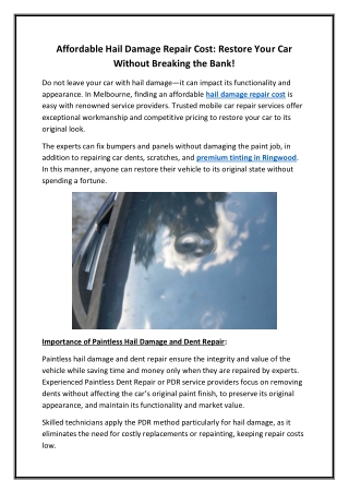 Affordable Hail Damage Repair Cost Restore Your Car Without Breaking the Bank!