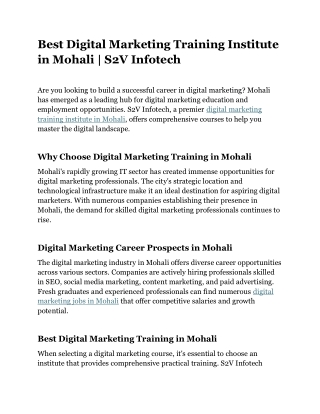 Best Digital Marketing Training Institute in Mohali | S2V Infotech