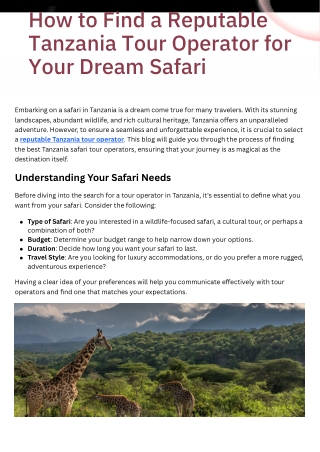 How to Find a Reputable Tanzania Tour Operator for Your Dream Safari