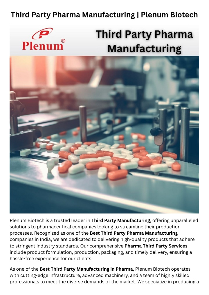 third party pharma manufacturing plenum biotech