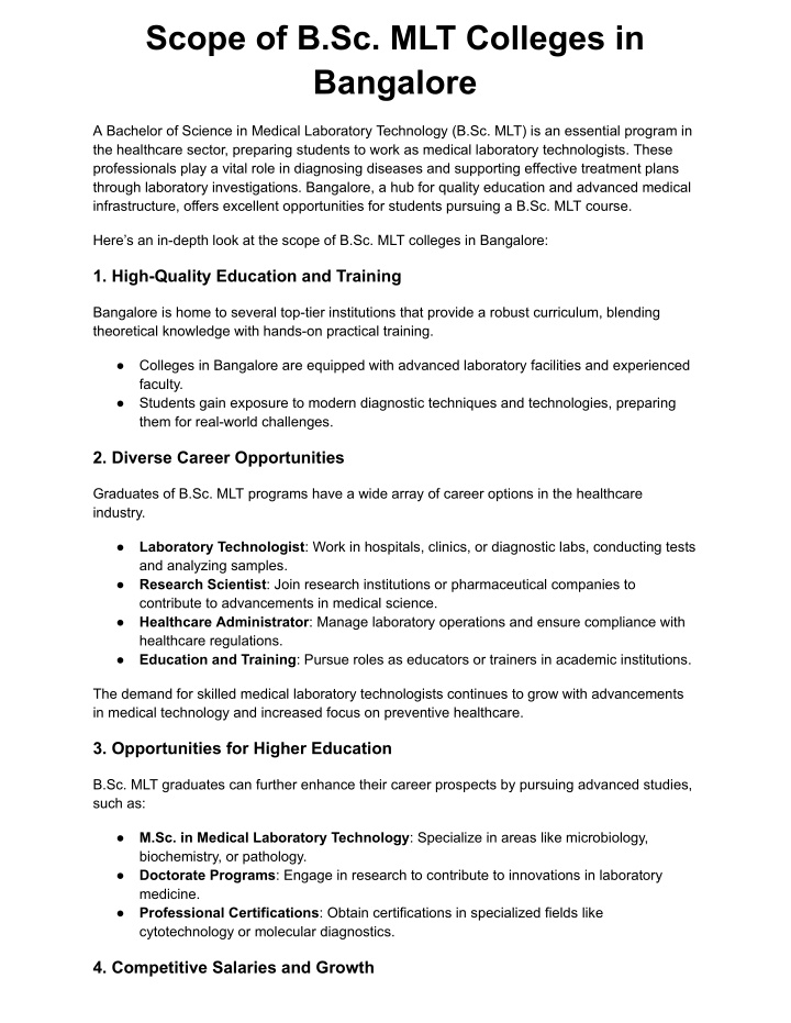 scope of b sc mlt colleges in bangalore