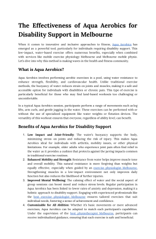 The Effectiveness of Aqua Aerobics for Disability Support in Melbourne