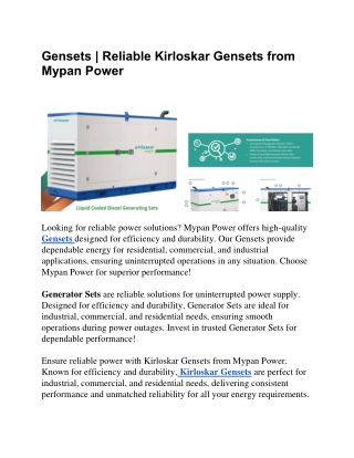 Kirloskar Gensets & Diesel Gensets by Myspan Power - Reliable Power Solutions