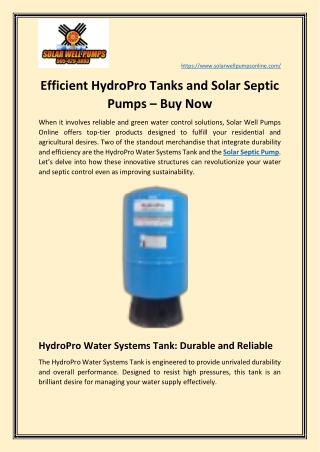 Efficient HydroPro Tanks and Solar Septic Pumps – Buy Now