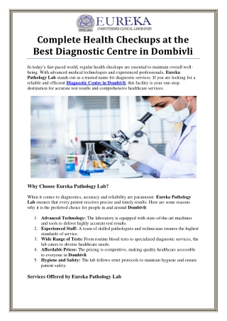 Diagnostic Centre in Dombivli - Eureka Pathology Lab