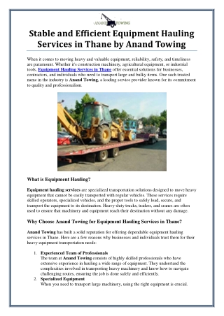 Equipment Hauling Services in Thane by Anand Towing