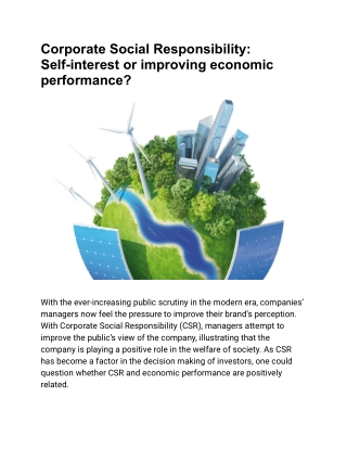 Corporate Social Responsibility- Self-interest or Improving Economic Performance