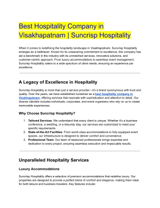 Best Hospitality Company in Visakhapatnam _ Suncrisp Hospitality