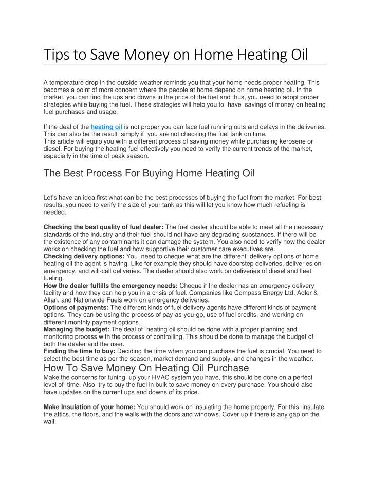 tips to save money on home heating oil