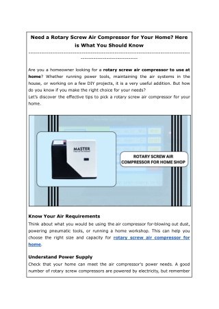 Need a Rotary Screw Air Compressor for Your Home? Here is What You Should Know