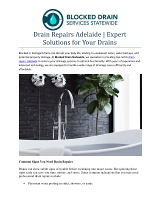 Drain Repairs Adelaide | Expert Solutions for Your Drains