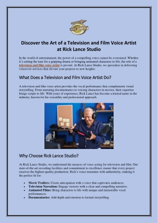 Discover the Art of a Television and Film Voice Artist at Rick Lance Studio