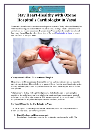 Cardiologist in Vasai - Ozone Hospital