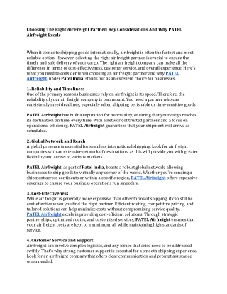 Choosing The Right Air Freight Partner Key Considerations And Why PATEL Airfreight Excels