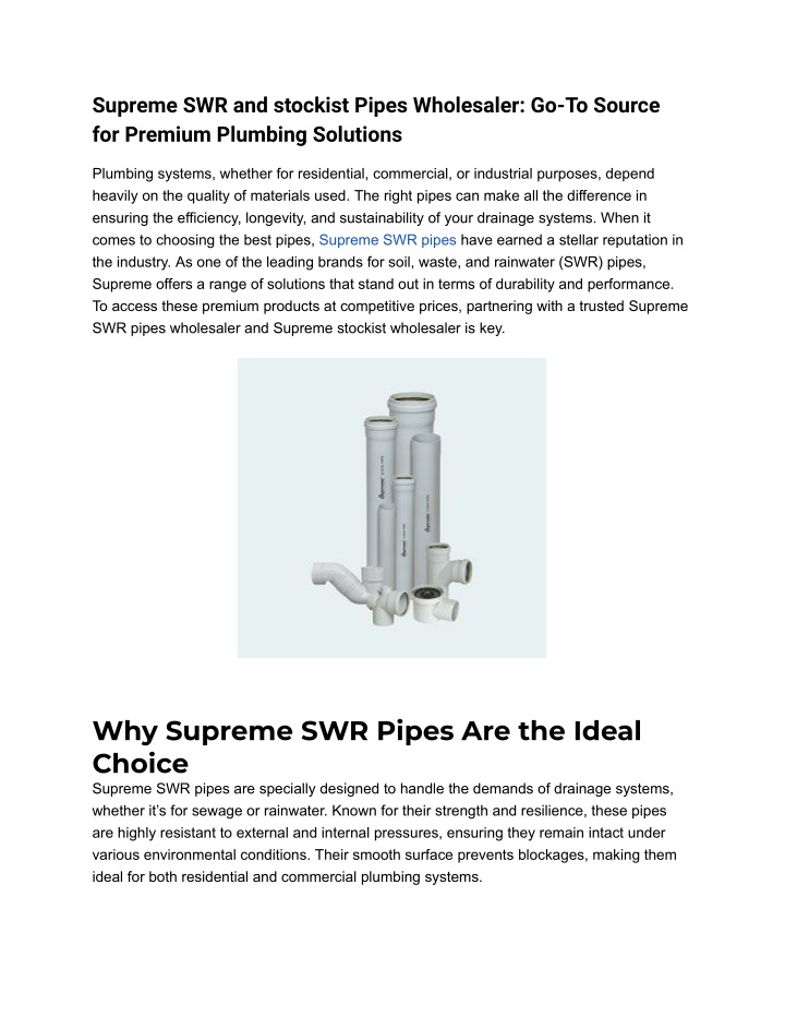 supreme swr and stockist pipes wholesaler