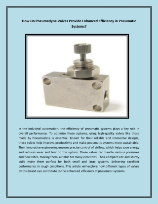 How Do Pneumadyne Valves Provide Enhanced Efficiency in Pneumatic Systems