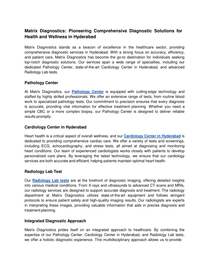 matrix diagnostics pioneering comprehensive