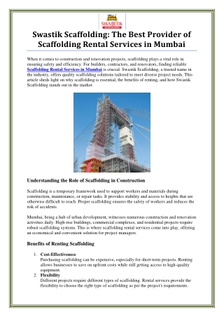 Scaffolding Rental Services in Mumbai by Swastik Scaffolding