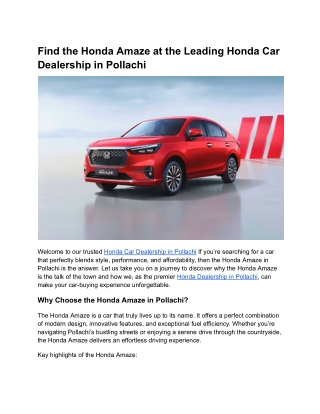 Find the Honda Amaze at the Leading Honda Car Dealership in Pollachi