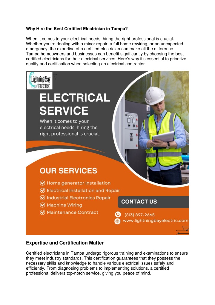 why hire the best certified electrician in tampa