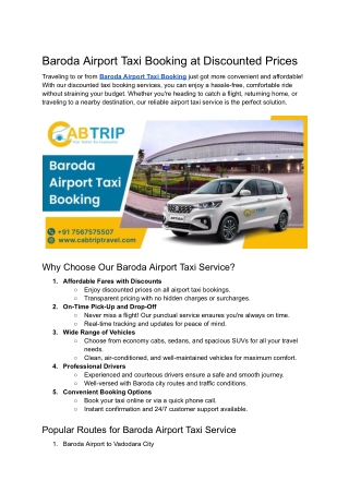 Baroda Airport Taxi Booking at Discounted Prices