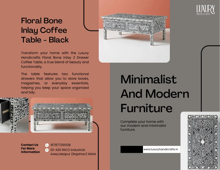 floral bone inlay coffee table black