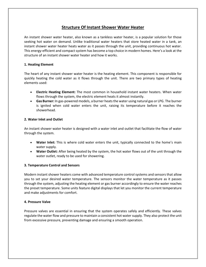 structure of instant shower water heater