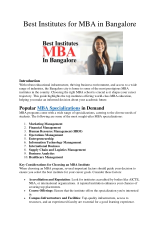 Best Institutes for MBA in Bangalore