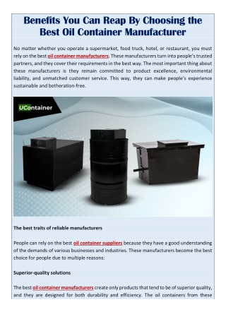 Benefits You Can Reap By Choosing the Best Oil Container Manufacturer