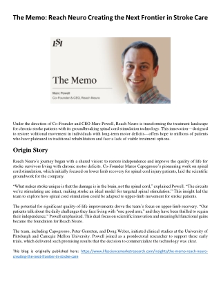 The Memo: Reach Neuro Creating the Next Frontier in Stroke Care