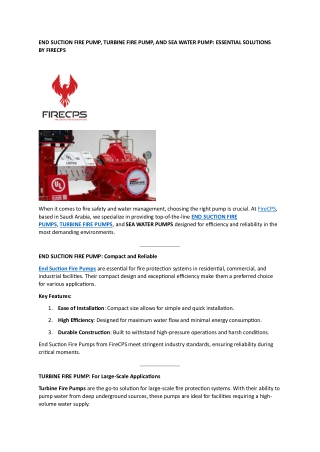 END SUCTION FIRE PUMP, TURBINE FIRE PUMP, AND SEA WATER PUMP ESSENTIAL SOLUTIONS BY FIRECPS