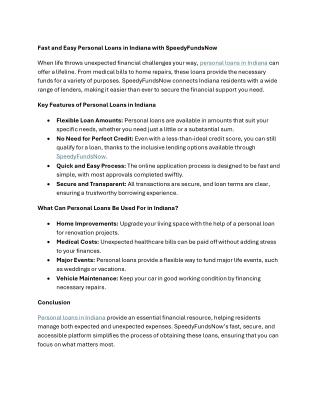 Fast and Easy Personal Loans in Indiana with SpeedyFundsNow