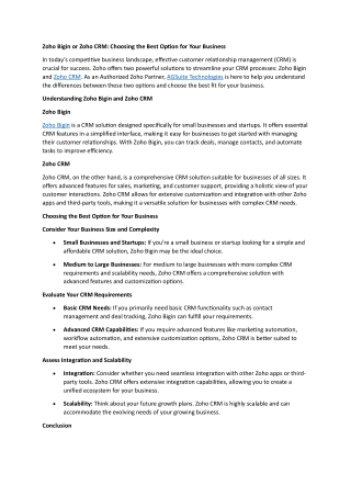 zoho bigin or zoho crm choosing the best option