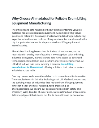 Why Choose Ahmadabad for Reliable Drum Lifting Equipment Manufacturing