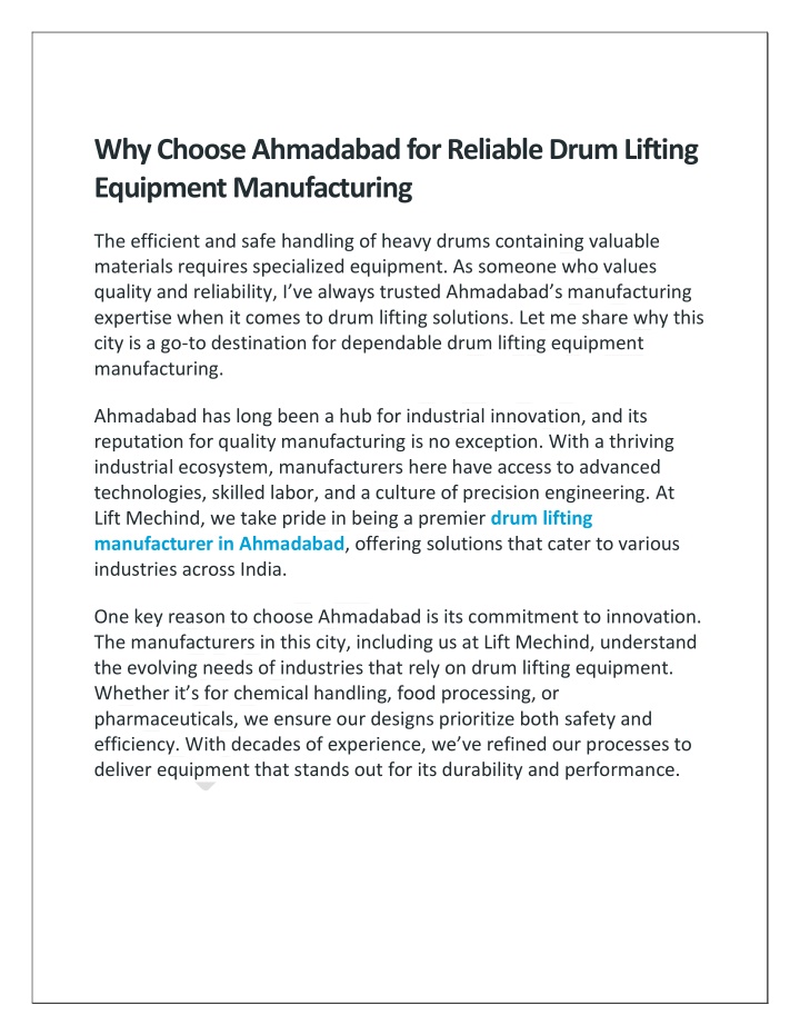 why choose ahmadabad for reliable drum lifting