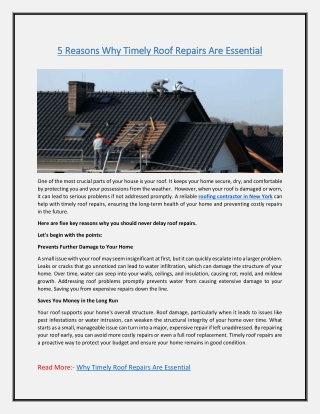 5 Reasons Why Timely Roof Repairs Are Essential