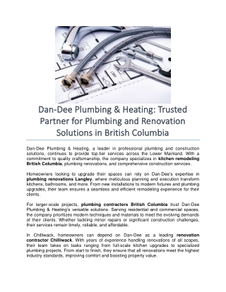 Dan-Dee Plumbing & Heating- Trusted Partner for Plumbing and Renovation Solutions in British Columbia