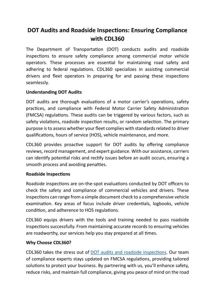dot audits and roadside inspections ensuring