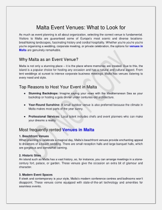 Malta Event Venues What to Look for