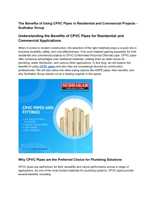 The Benefits of Using CPVC Pipes in Residential and Commercial Projects - Sudhakar Group
