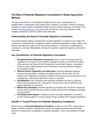 The Role of Pesticide Regulatory Consultants in Global Agriculture Markets