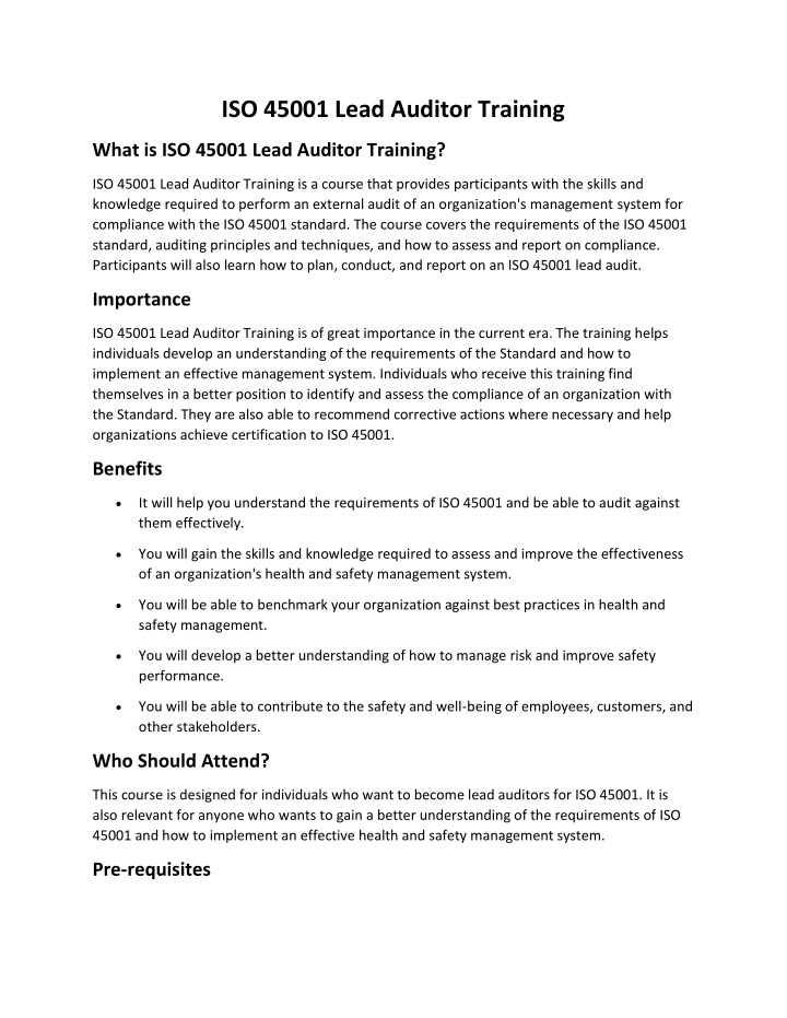 iso 45001 lead auditor training