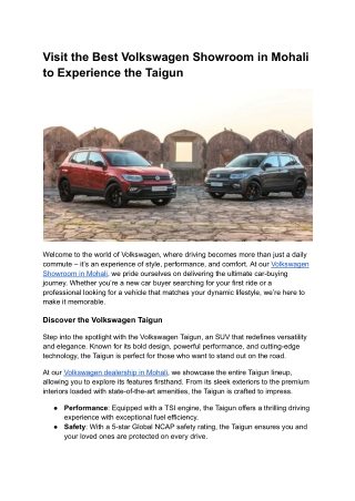 Visit the Best Volkswagen Showroom in Mohali to Experience the Taigun